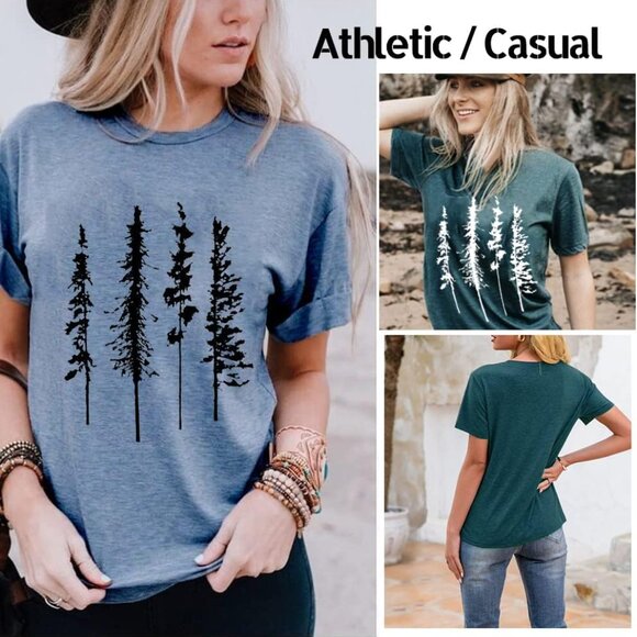 Funny Graphic Women Skinny Pine Tree Shirt Summer Hiking Camping Athletic Tees N - Picture 4 of 6